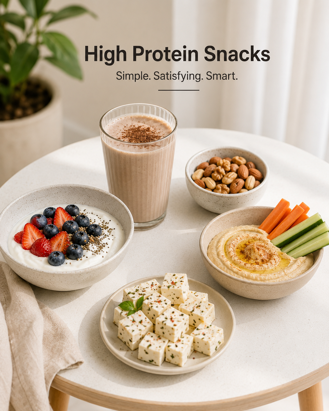 High protein snacks with yogurt, nuts, hummus, veggies, paneer cubes, and a smoothie on a clean table