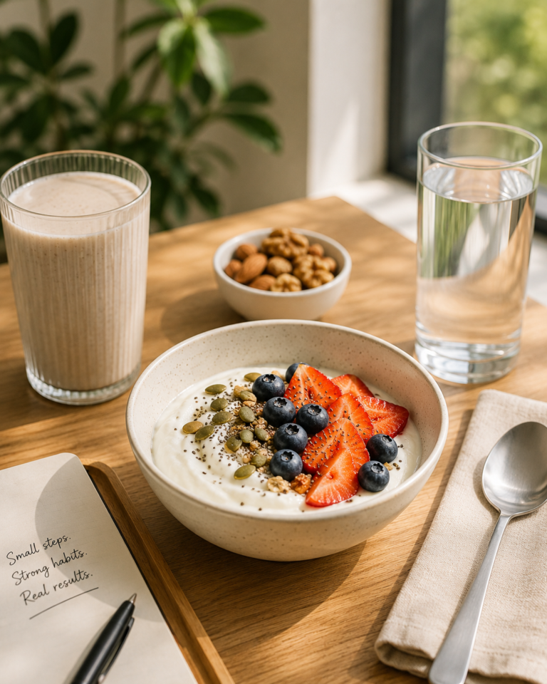 High-protein breakfast ideas with Greek yogurt bowl, fruit, seeds, nuts, and smoothie on a clean wellness table