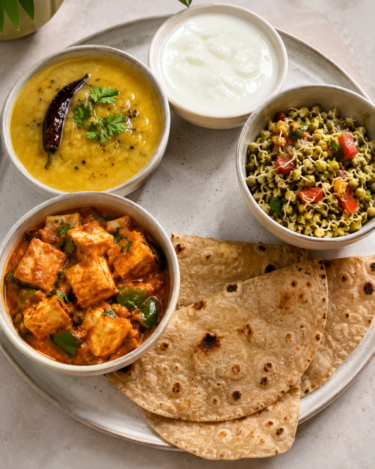 Protein-rich vegetarian breakfast with besan chilla and curd for Indian women