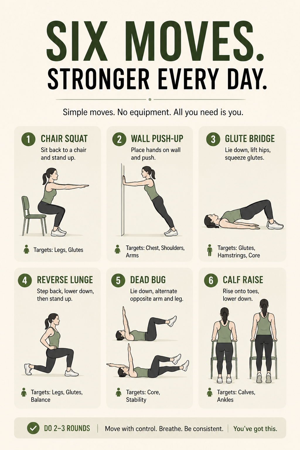 Six no equipment home workout exercises for beginner women