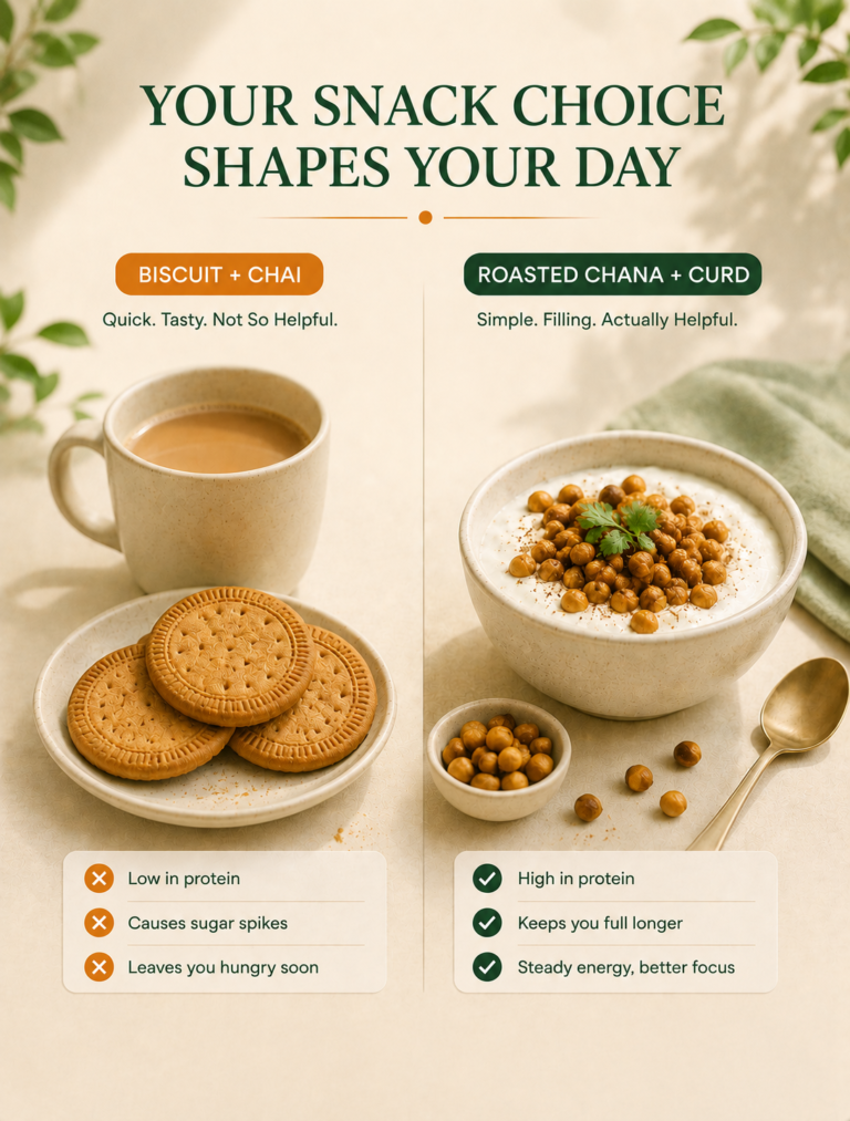 Healthy snack swap for weight loss comparing biscuits to roasted chana