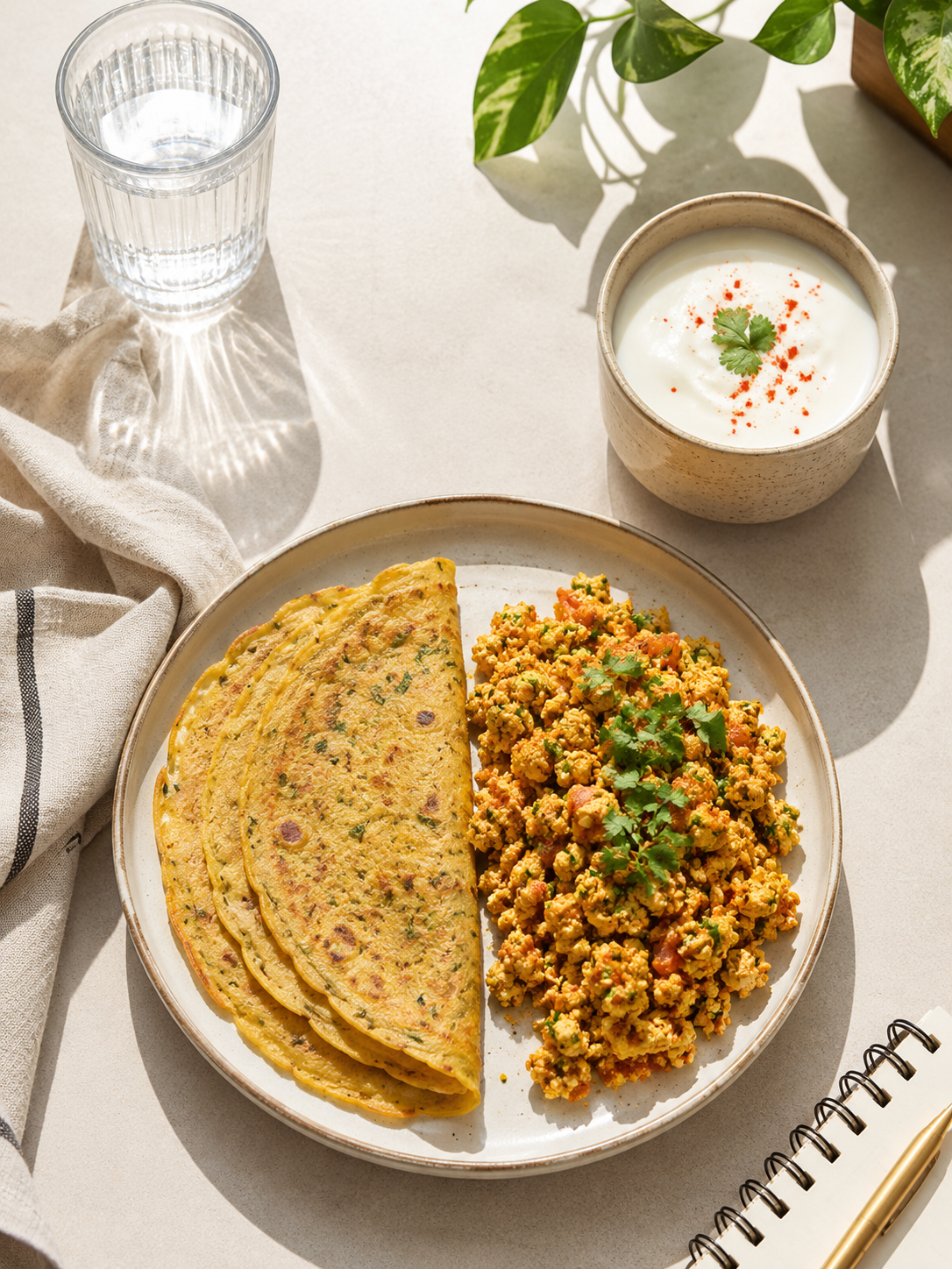 High protein Indian breakfast ideas including besan cheela and paneer bhurji
