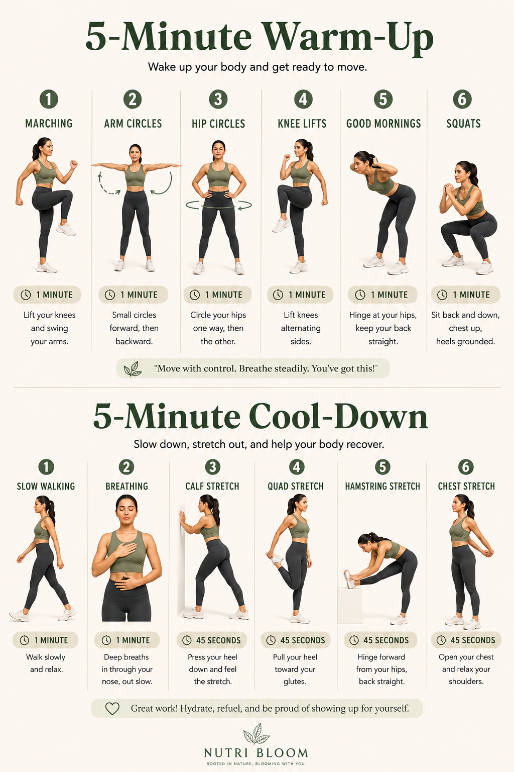 Five minute warm up and cool down routine with dynamic exercises and stretches for beginners