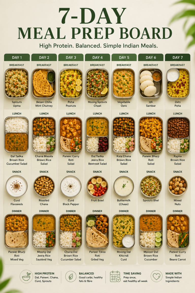 7-day high protein Indian meal plan for women with paneer, dal, chana and curd