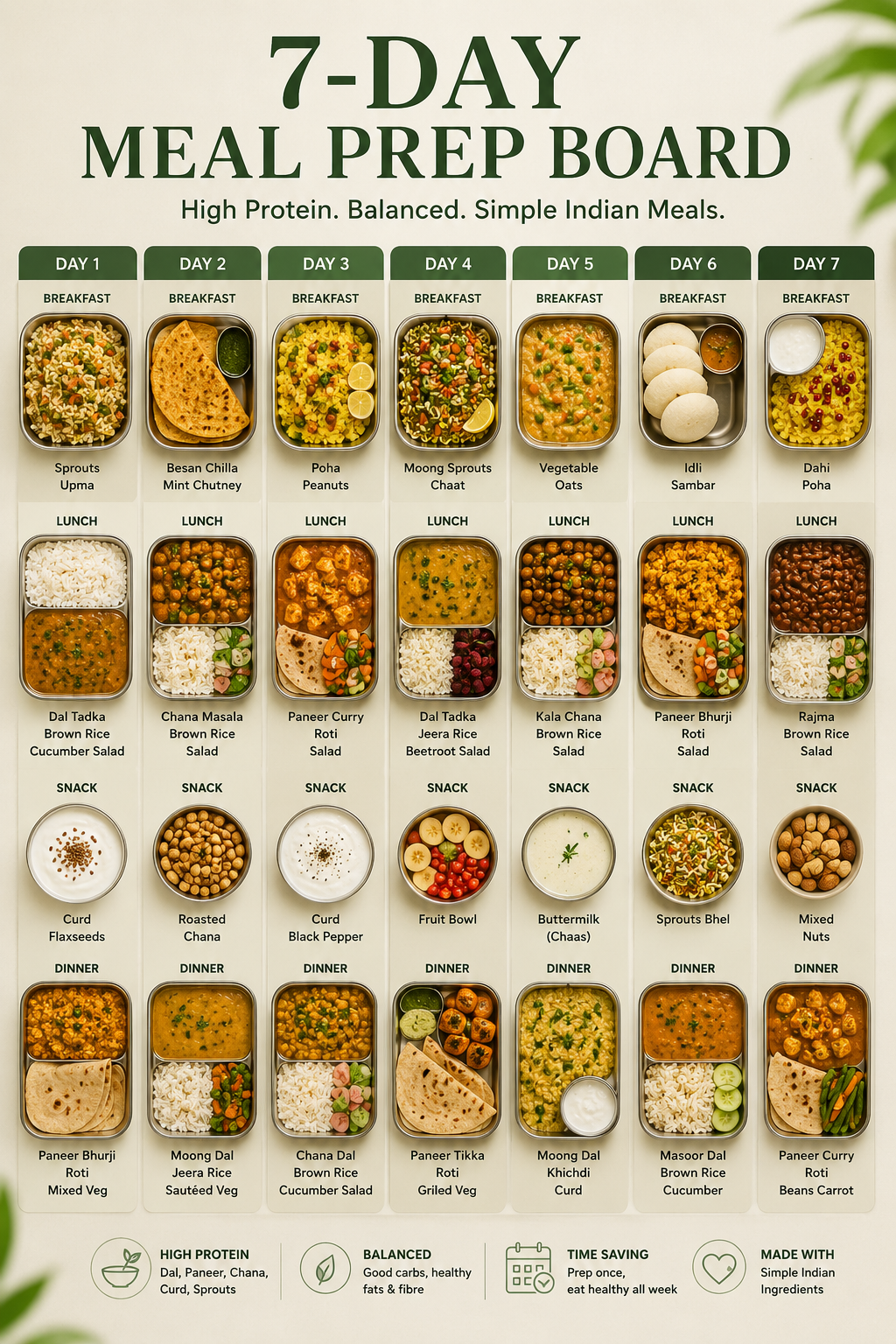 7-day high protein Indian meal plan for women with paneer, dal, chana and curd