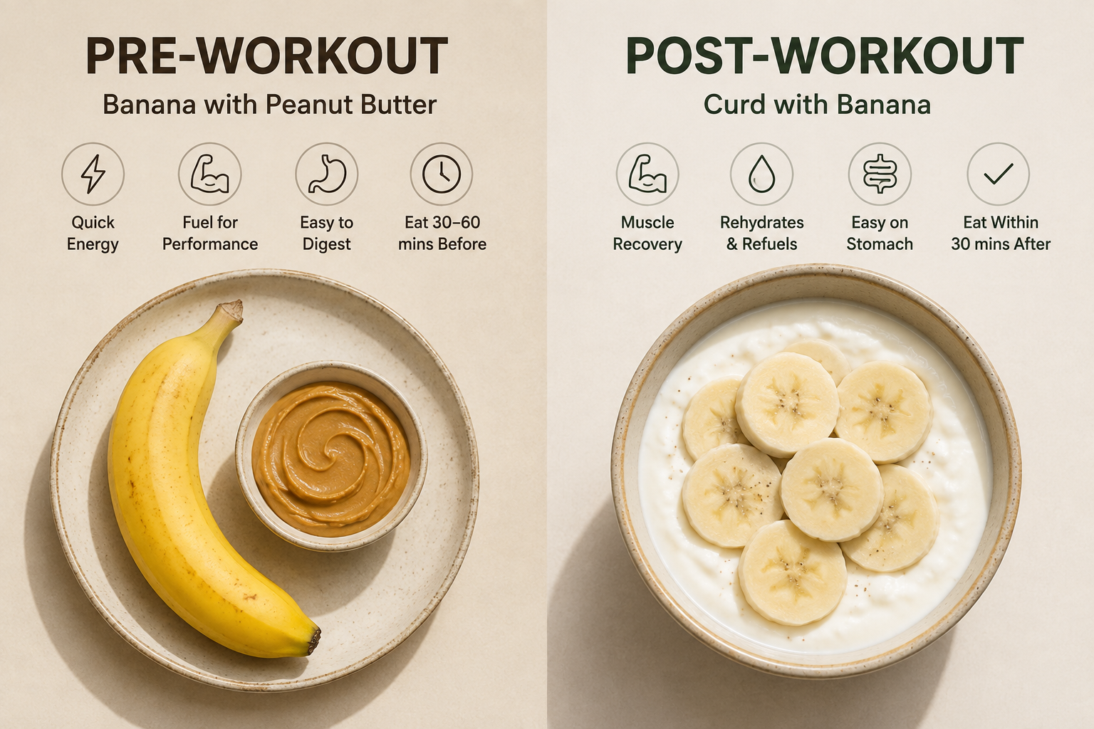 Pre-workout and post-workout snack ideas for beginners including banana and curd