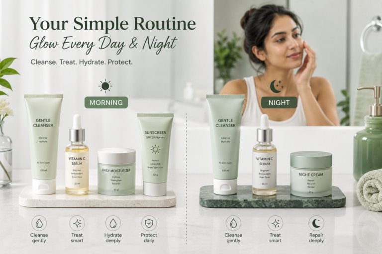 Morning versus night skincare routine with cleanser serum moisturizer and sunscreen
