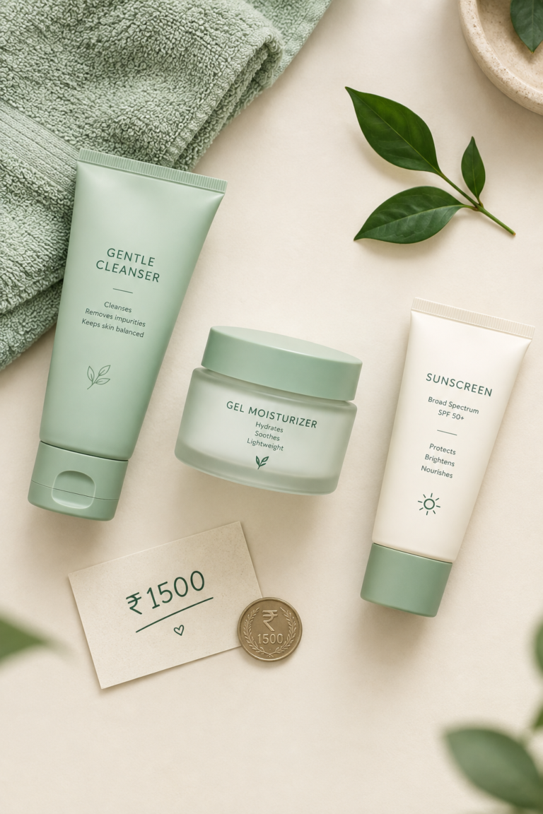 Simple skincare routine under 1500 in India with cleanser moisturizer and sunscreen