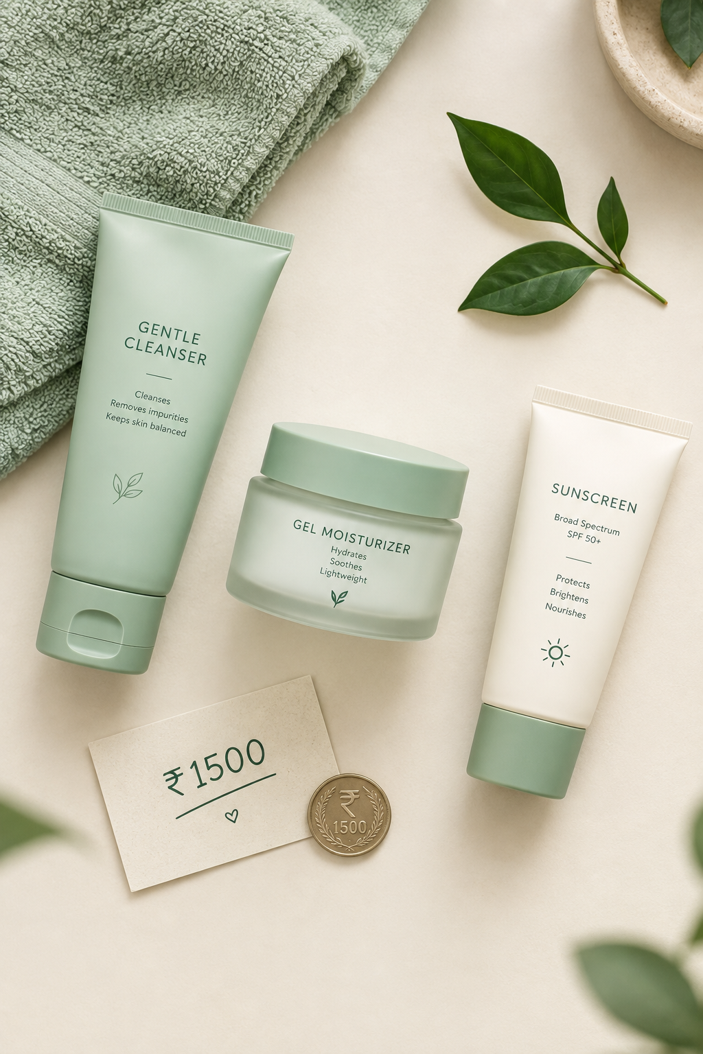 Simple skincare routine under 1500 in India with cleanser moisturizer and sunscreen
