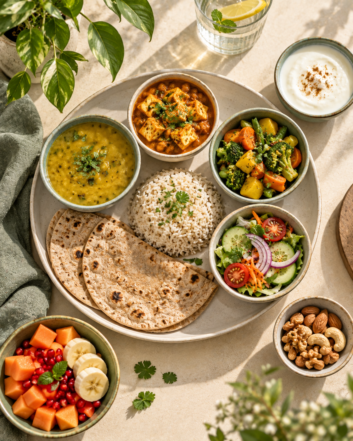 Nutrition and healthy eating guide with a balanced Indian plate containing vegetables protein grains and fruit