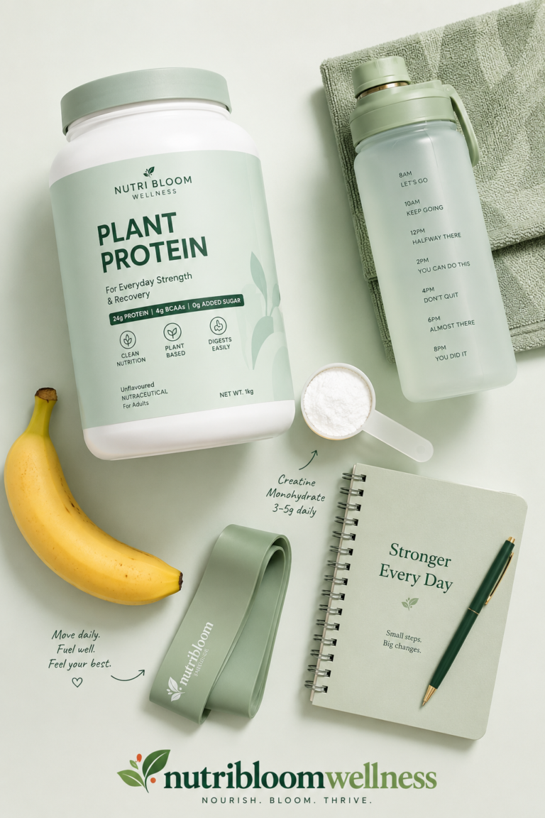 Beginner gym supplement stack for women with protein powder creatine water bottle and workout gear