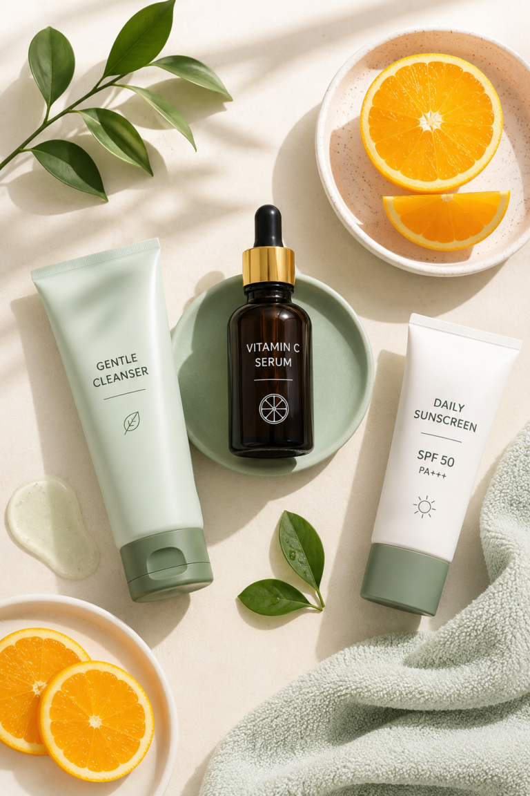 Best vitamin C serums in India beginner buying guide with serum bottle sunscreen and oranges