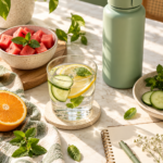 Hydration and moderation healthy habits with water bottle fruit and lemon water