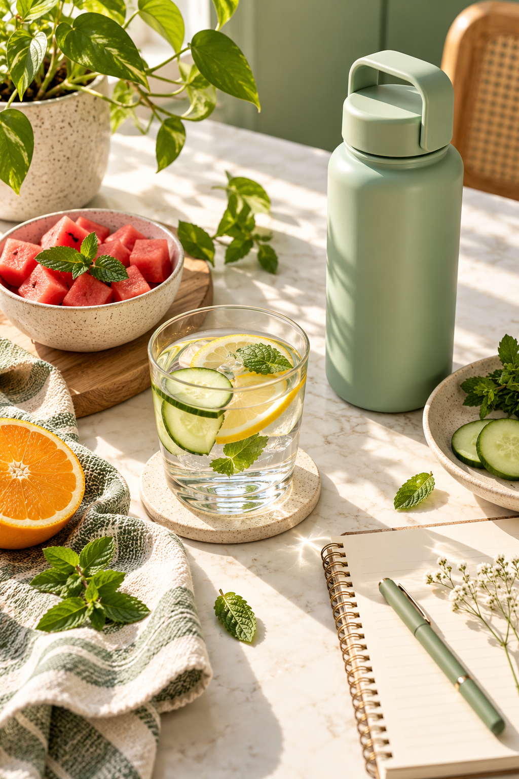 Hydration and moderation healthy habits with water bottle fruit and lemon water