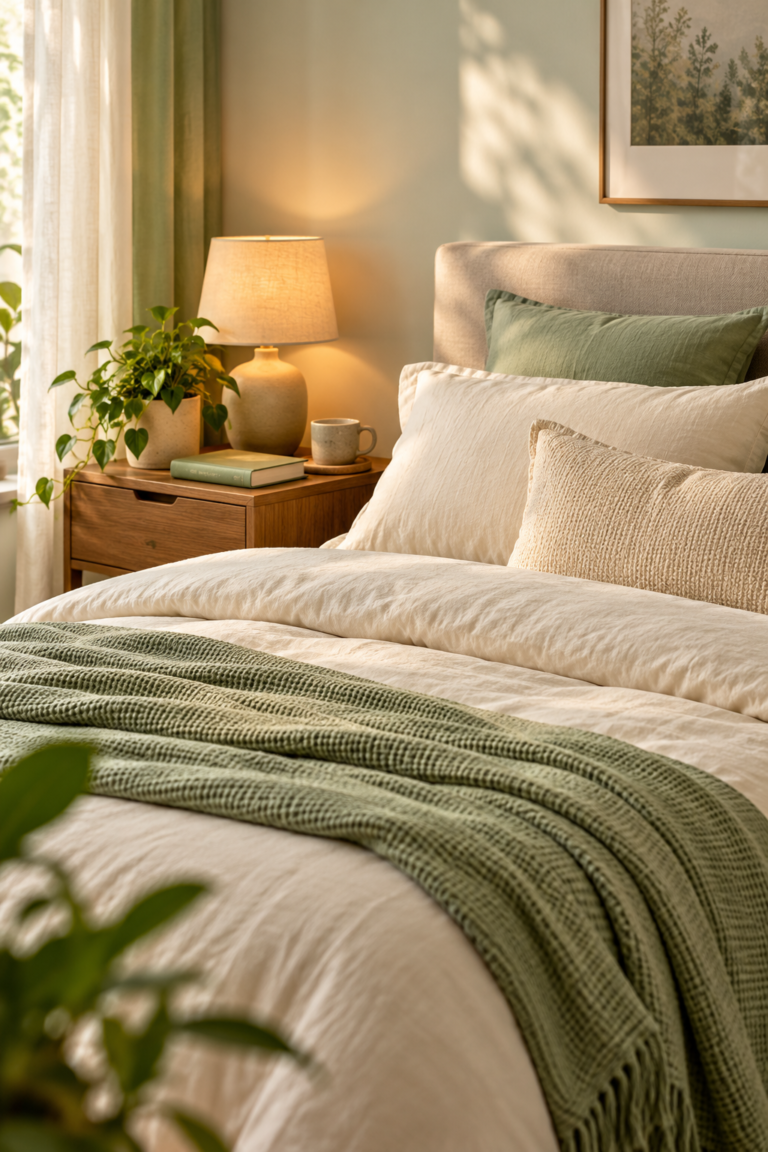 Calm bedroom setup for quality sleep with soft lighting and a comfortable bed
